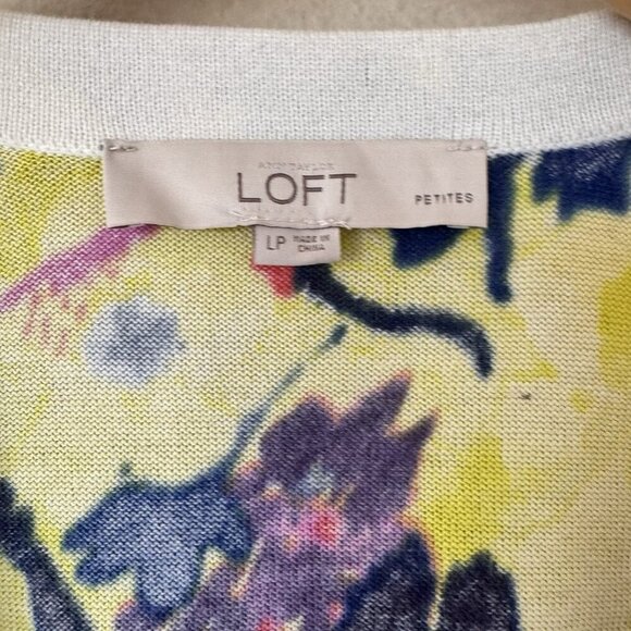 LOFT Womens Floral Cotton Sweater Cardigan V Neck Yellow Pink Petite Size LP - Picture 6 of 7